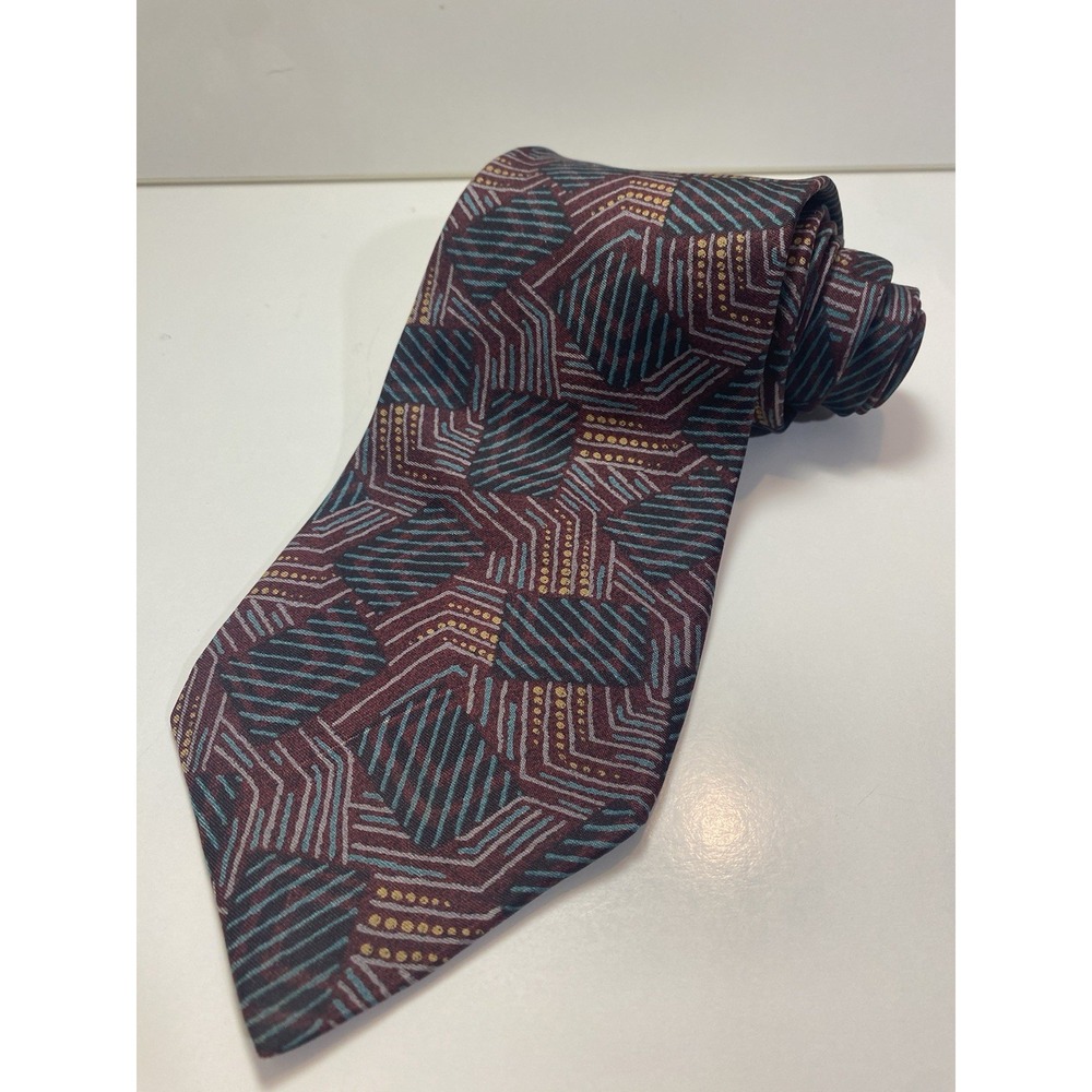 Vintage yApre Hand Finished Tie 100% Silk Geometric Burgundy Teal Gold Mens